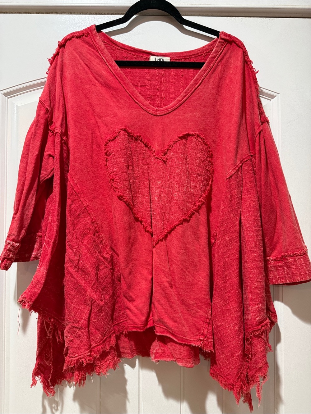 Washed Red Heart Patch V-Neck Tunic